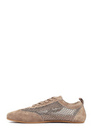 Women's Mink Lace-up Rhinestone Suede Leather Sneaker | Derimod