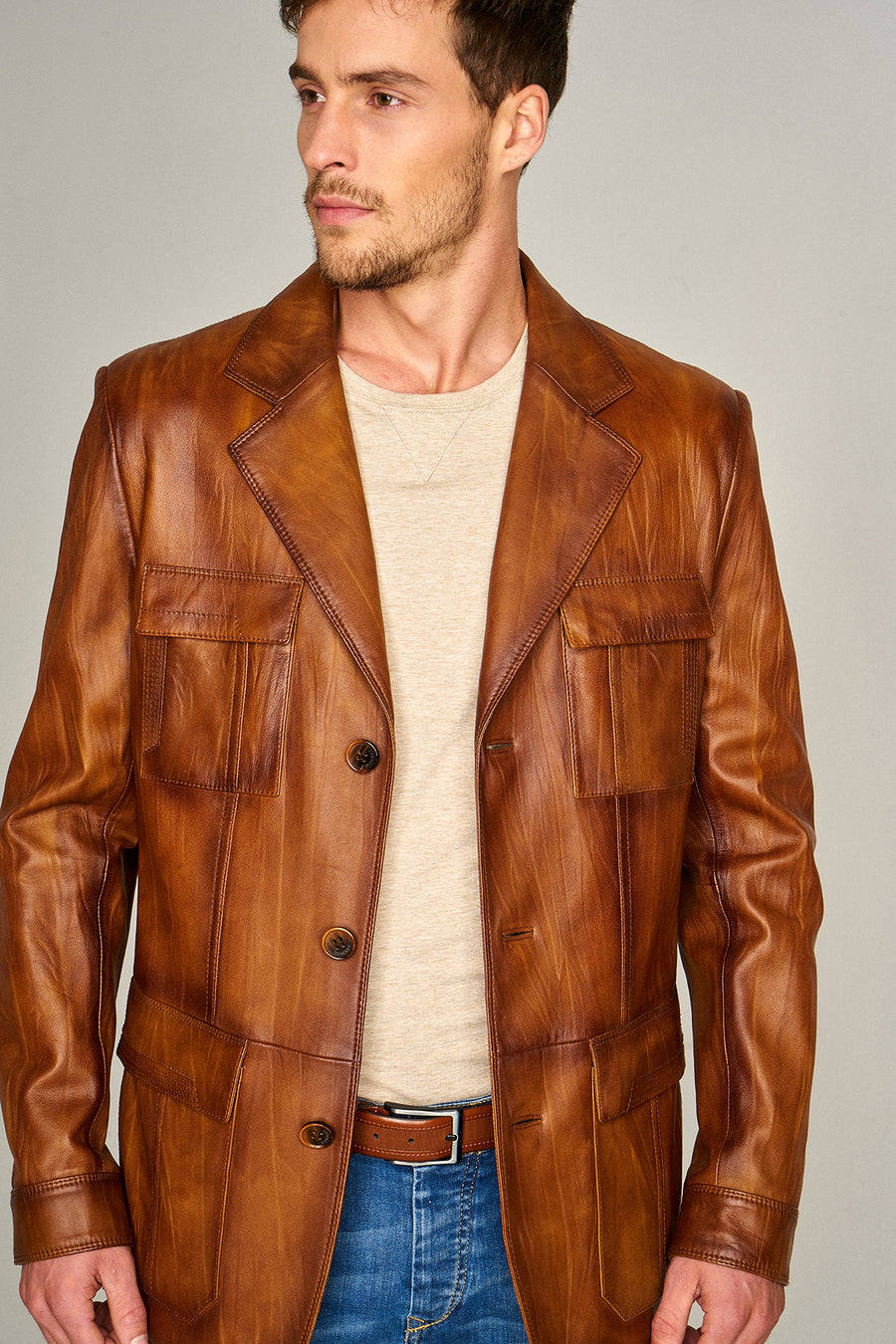 Kevin Erkek Camel Blazer Deri Ceket
