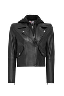 Smart Women's Black Hooded Biker Leather Jacket | Derimod