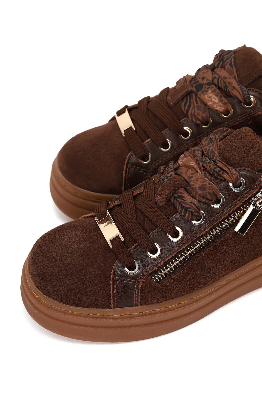 Woman Brown Lace-Up Thick-Soled Suede Leather Sneaker
