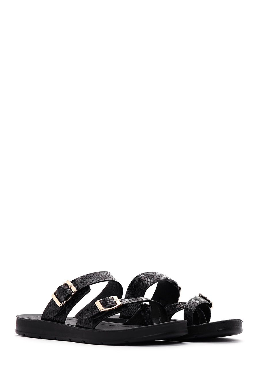 Women's Black Double Buckled Patterned Slippers