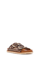 Women's Brown Double Buckled Straw Leather Slippers | Derimod