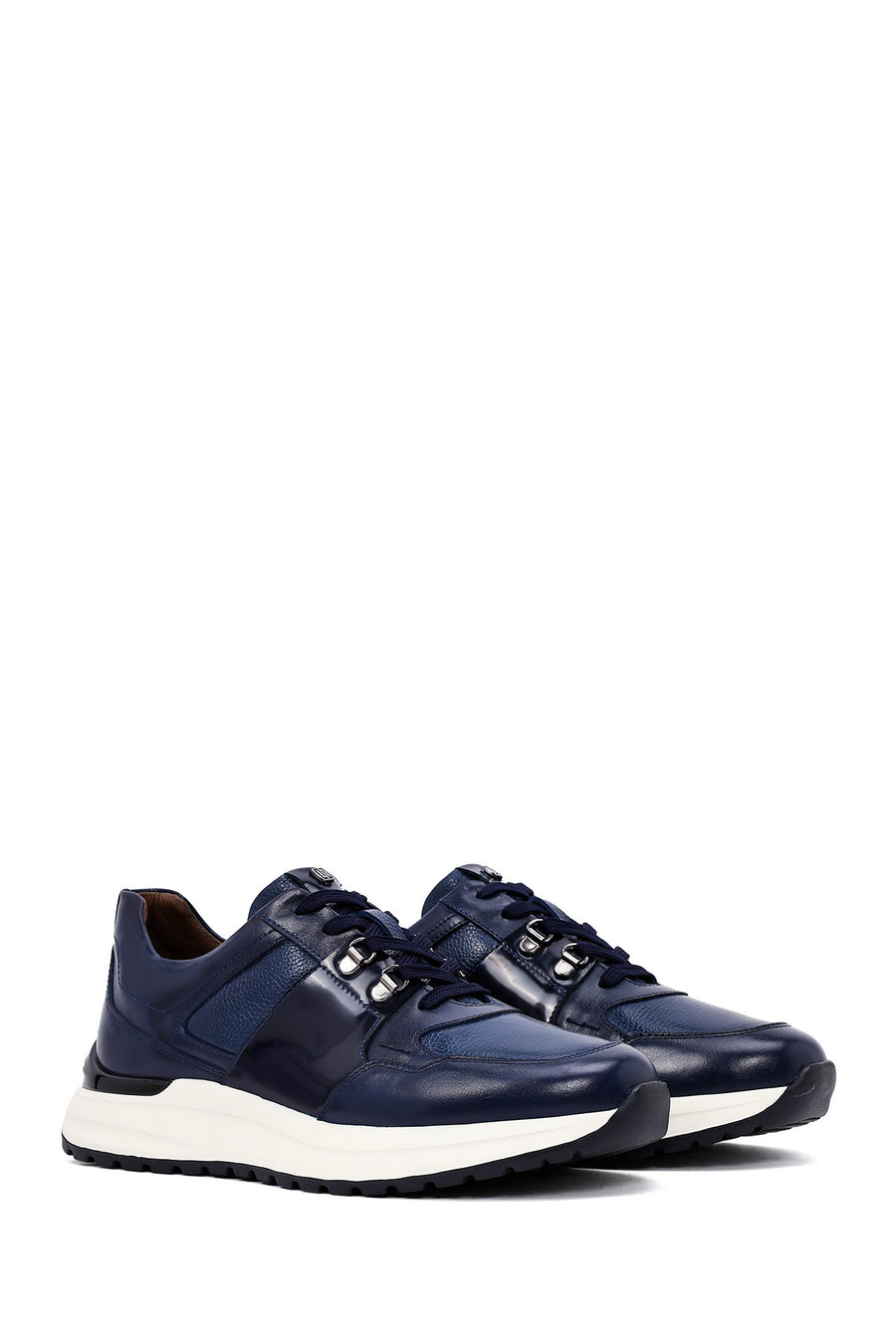 Men's Navy Blue Lace-Up Thick-Soled Leather Casual Sneakers