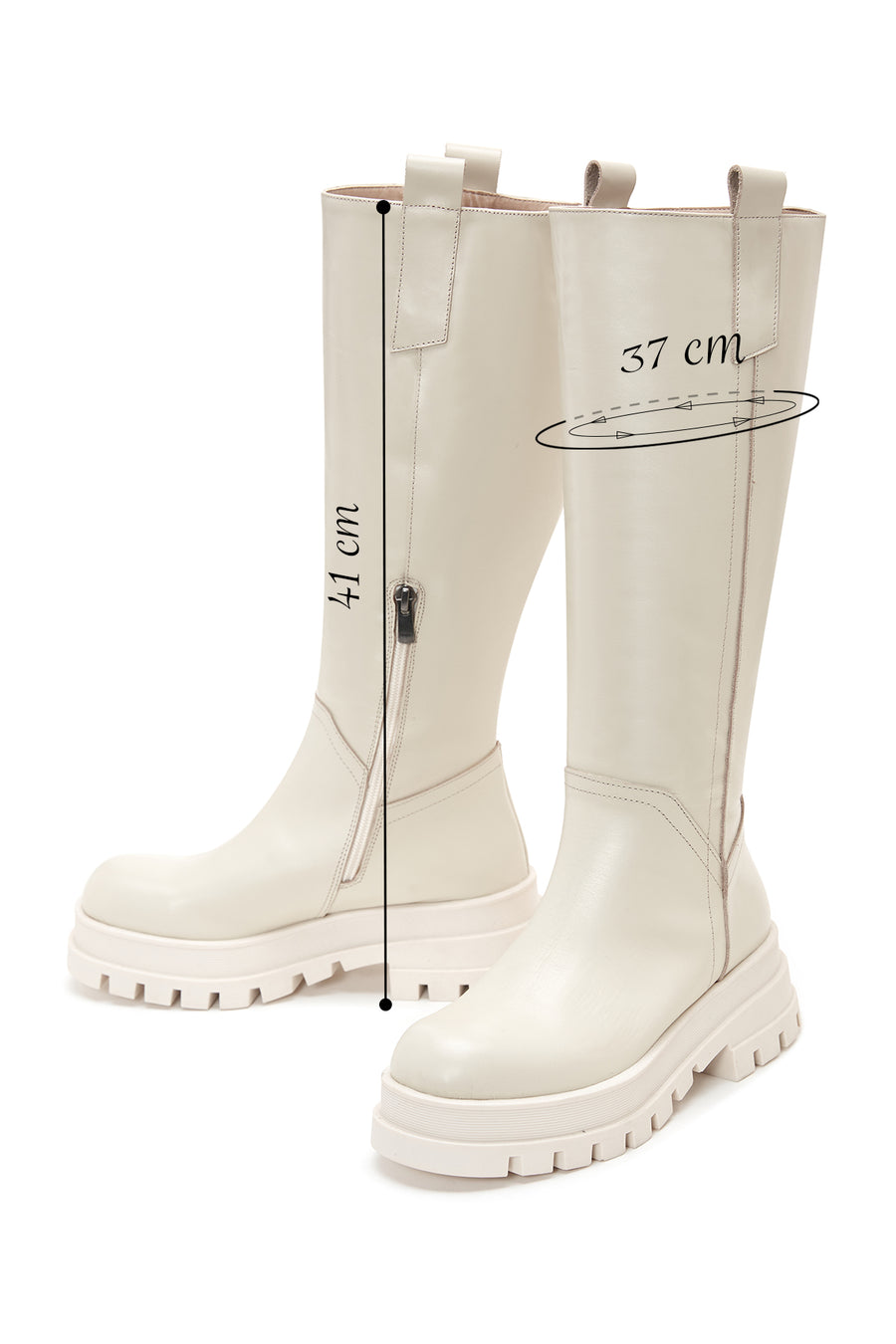Women's Beige Leather Zippered Thick Soled Boots