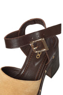 Woman Beige Ankle-Strap Buckled Thick-Heeled Suede Leather Sandals | Derimod
