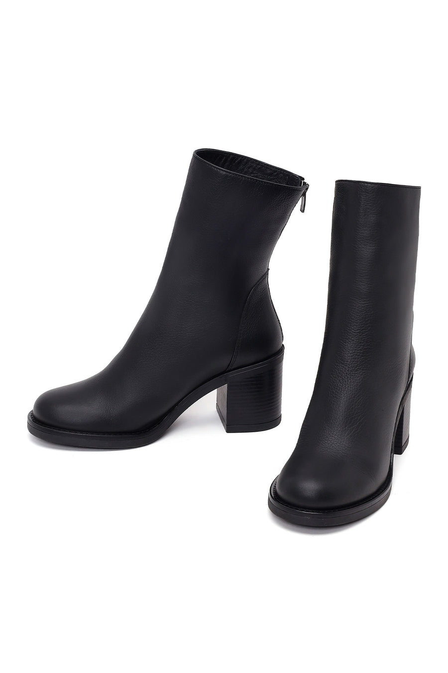 Woman Black Zip Closure Thick-Heeled Leather Boots