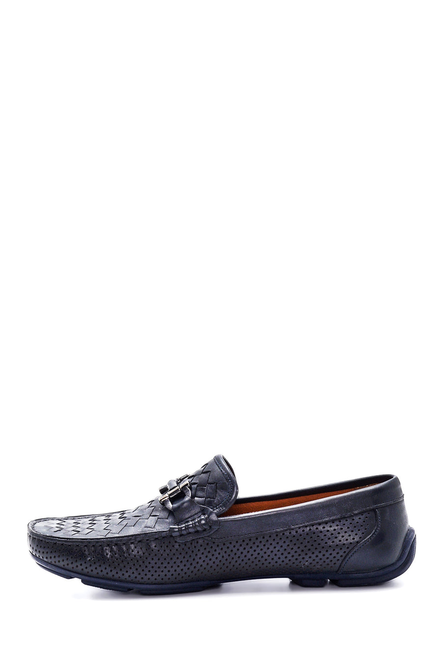 Erkek Lacivert Deri Örgülü Casual Loafer