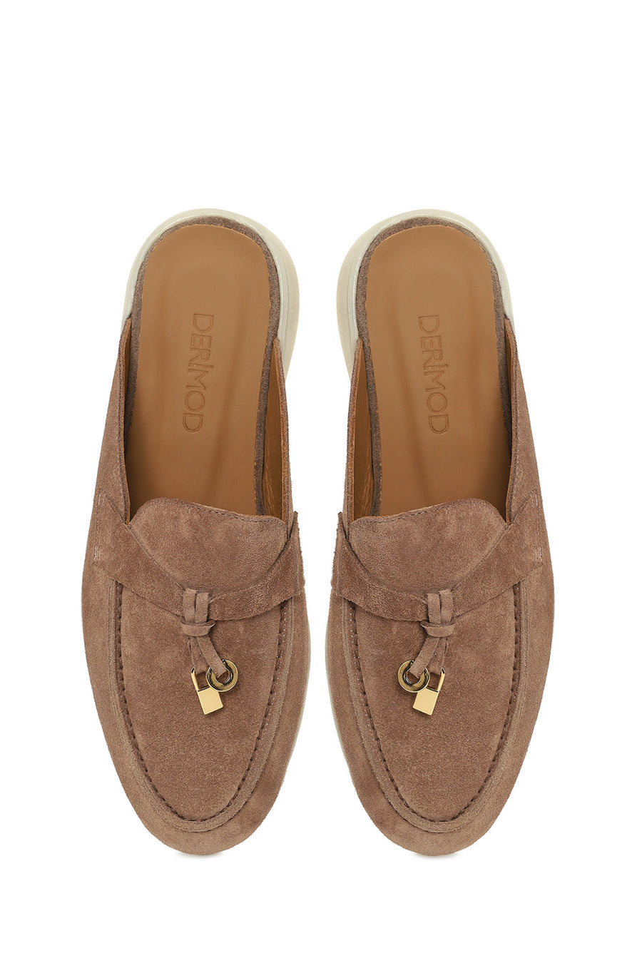 Women's Beige Buckle Suede Leather Slippers
