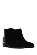Woman Black Zip Closure Crocodile Patterned Chunky Heeled Suede Boots | Derimod