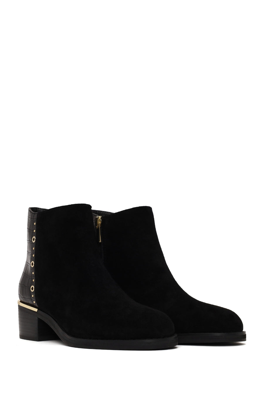 Woman Black Zip Closure Crocodile Patterned Chunky Heeled Suede Boots
