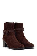 Woman Brown Zip Closure Chunky-Heeled Suede Leather Boots | Derimod