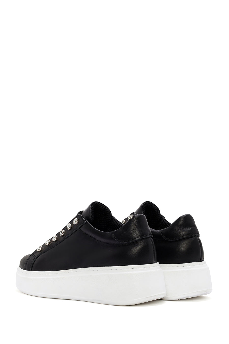 Women's Black Stone Laced Thick Soled Leather Sneakers