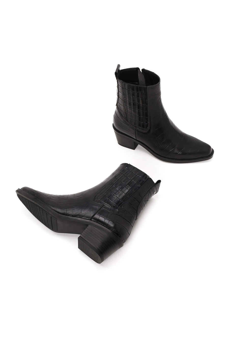 Woman Black Thick-Heel Croc-Embossed Leather Cowboy Boots