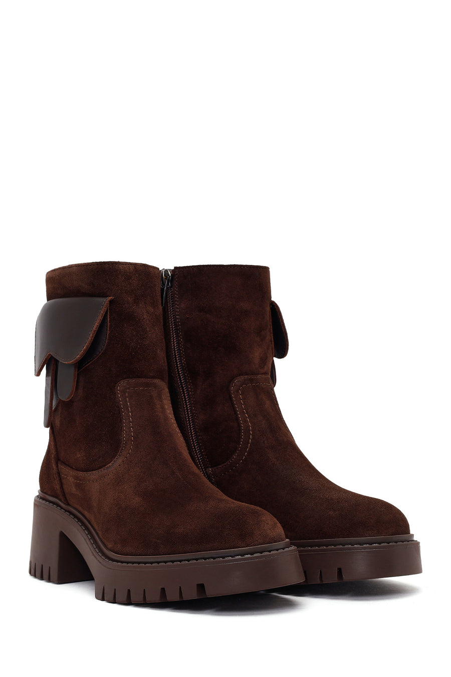 Woman Brown Zip Closure Chunky-Heeled Suede Leather Boots