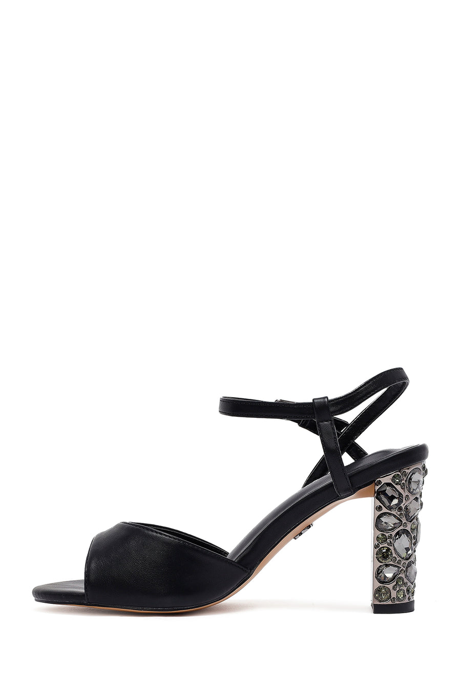 Women's Black Metallic Ankle Buckle Chunky Heel Sandals