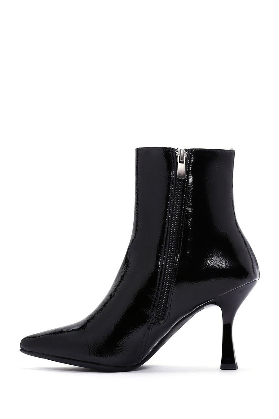 Women's Black Zippered Thin Heel Patent Leather Boots