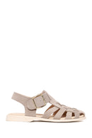 Woman Beige Ankle-Buckle Suede Leather Sandals | Derimod