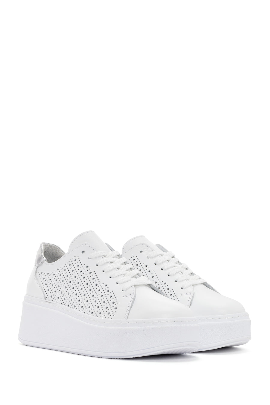Women's White Thick Sole Lace Up Leather Sneaker