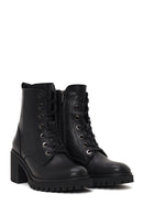Woman Black Zip Closure Chunky Heeled Leather Combat Boots | Derimod