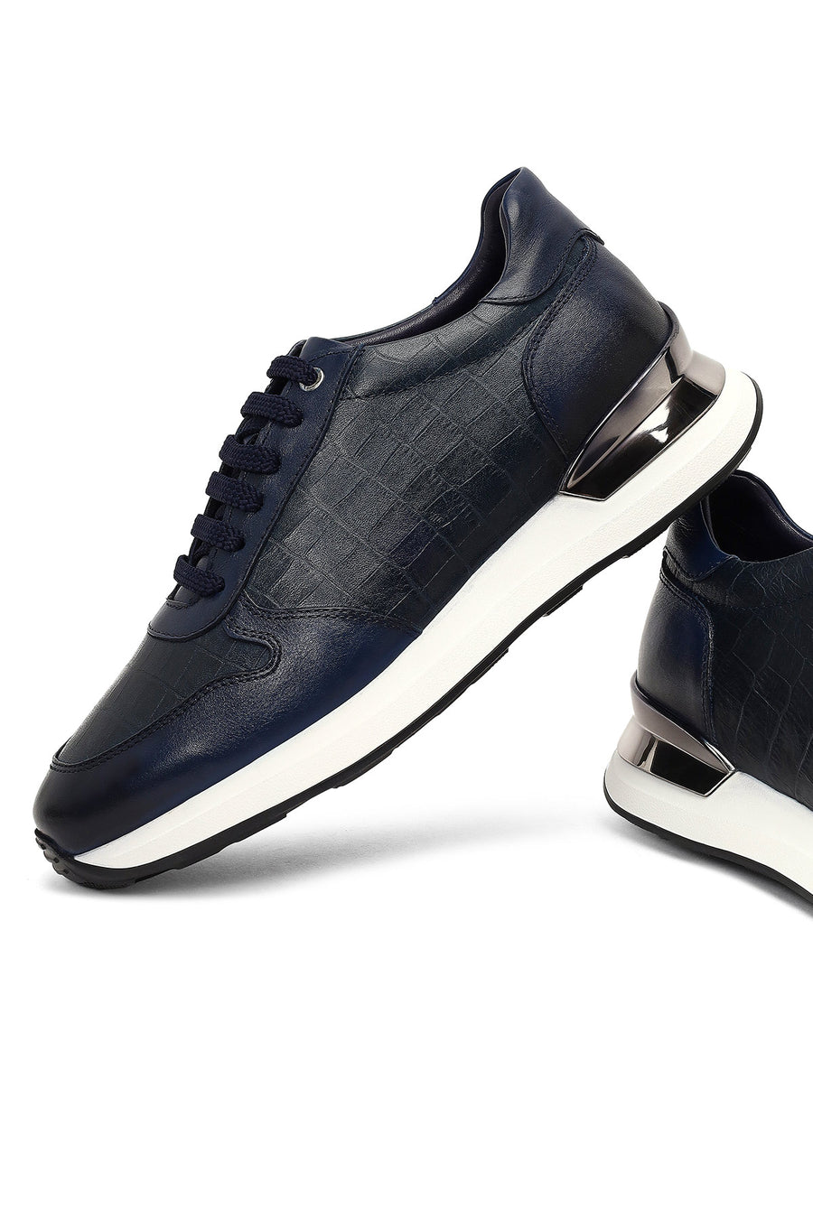 Men's Navy Blue Lace-Up Thick Sole Leather Sneaker