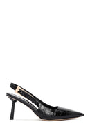 Women's Black Crocodile Patterned Open Back Thin Heeled Leather Shoes | Derimod