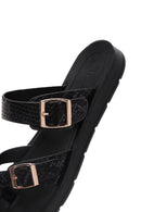 Women's Black Double Buckled Patterned Slippers | Derimod