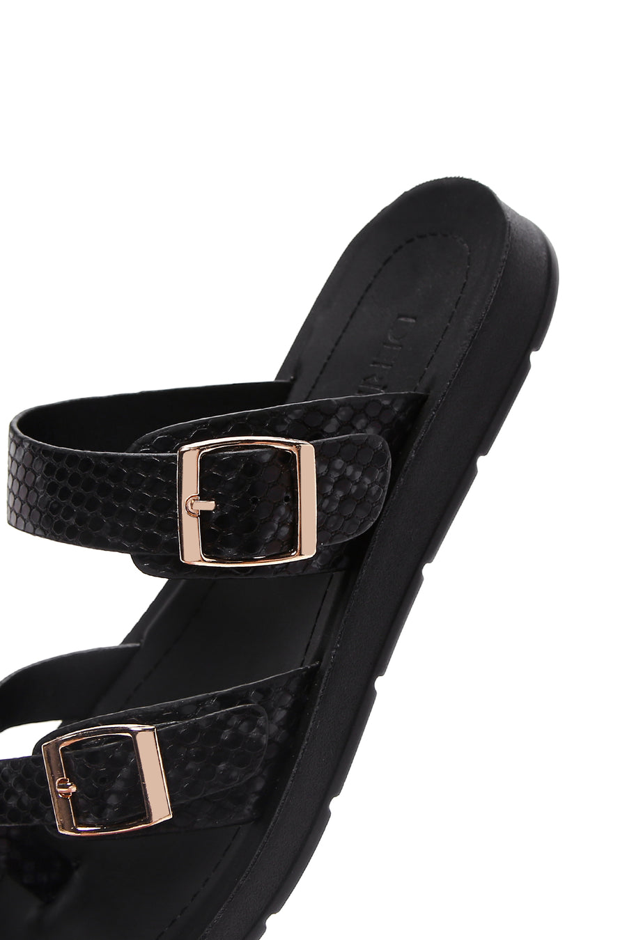 Women's Black Double Buckled Patterned Slippers