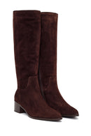 Woman Brown Thick Short-Heeled Zip Closure Suede Leather Boots | Derimod