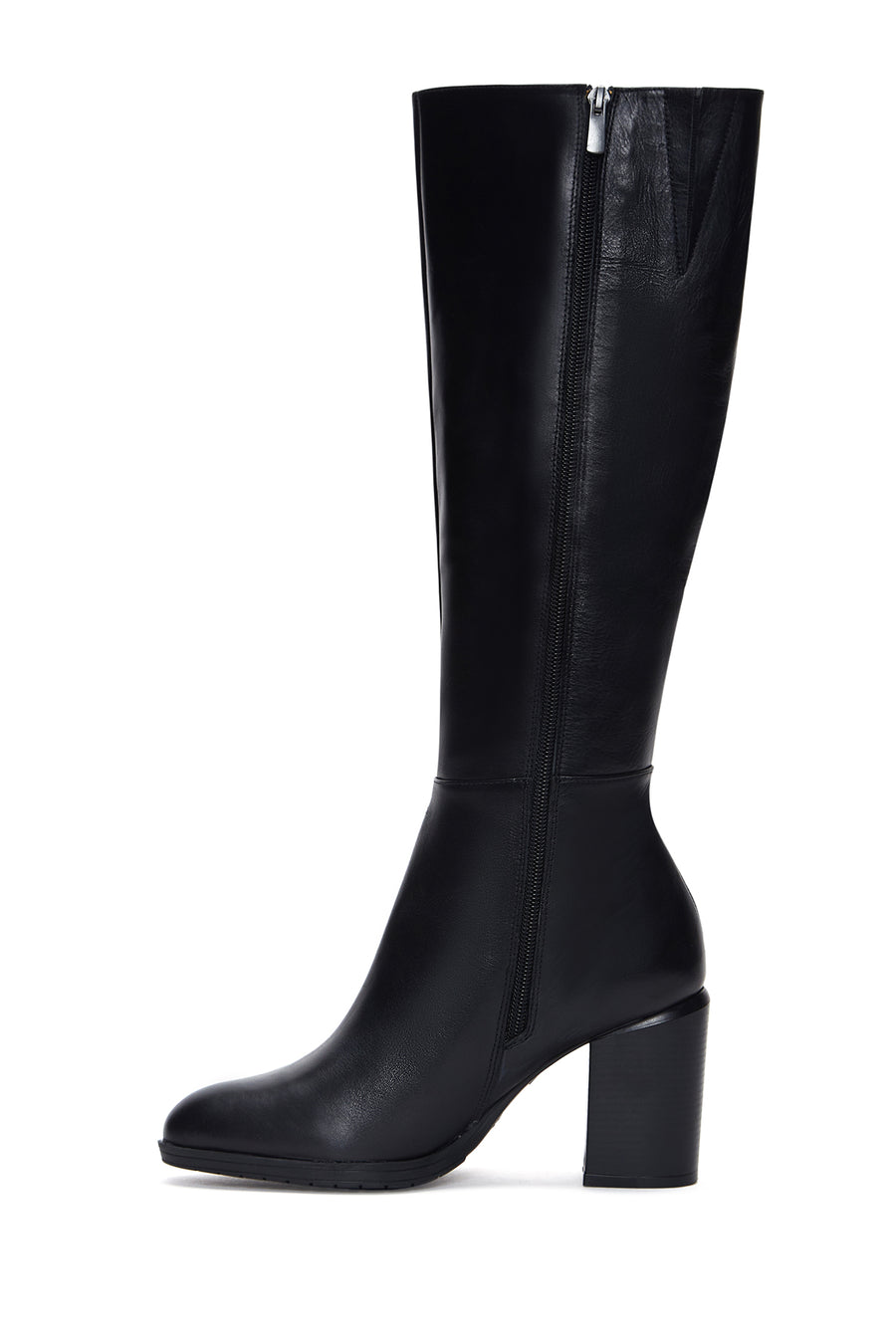Women's Black Leather Zippered Heeled Boots