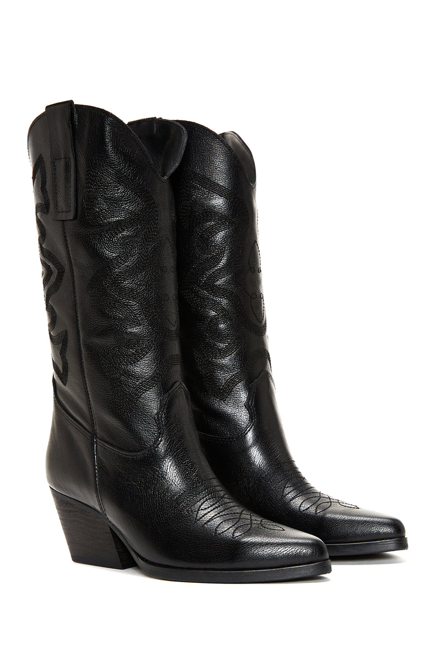 Women's Black Thick Heeled Leather Cowboy Boots