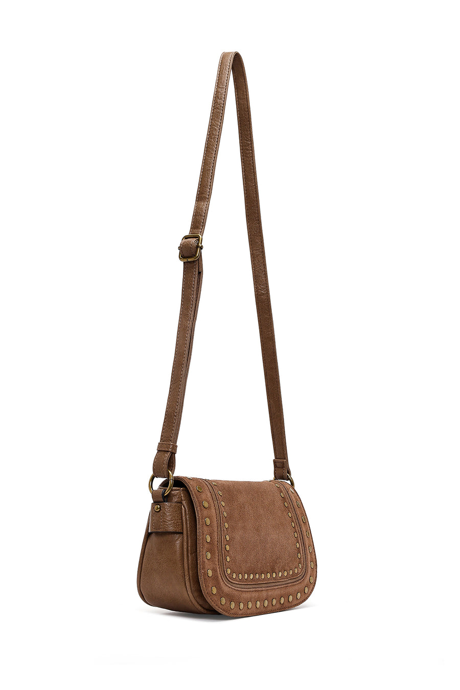 Woman Tan Long-Strap Studded Suede Crossbody Bag