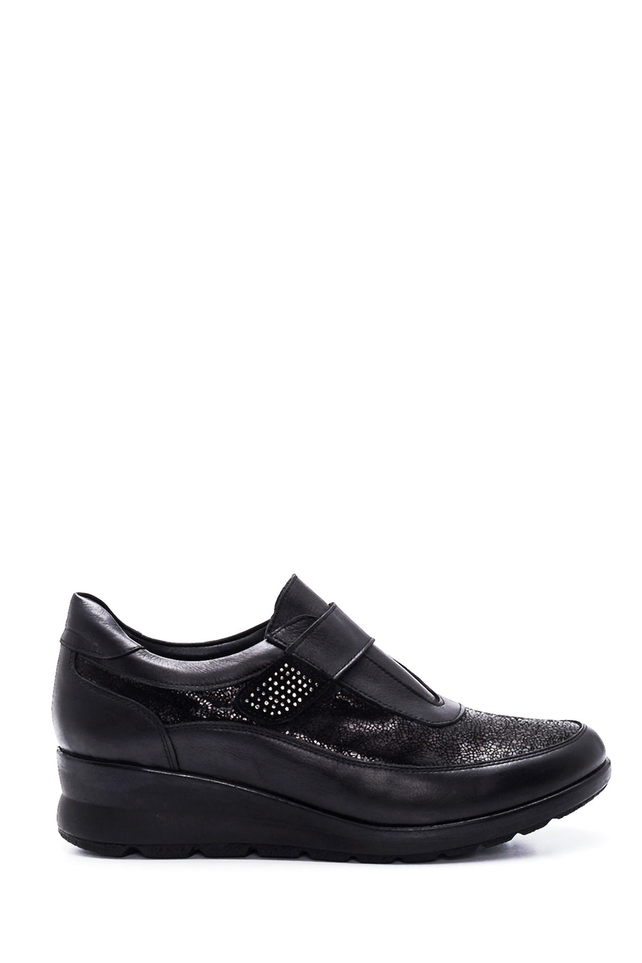 Women's Black Leather Stone Wedge Heeled Comfort Shoes 22SFD423218 | Derimod