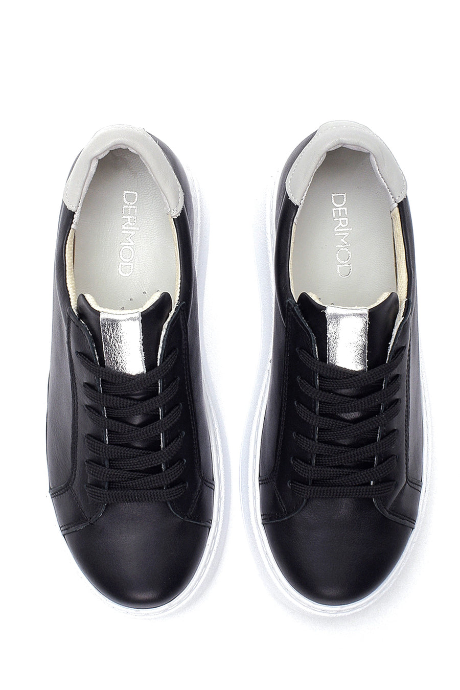 Women's Black Leather Thick Soled Sneaker