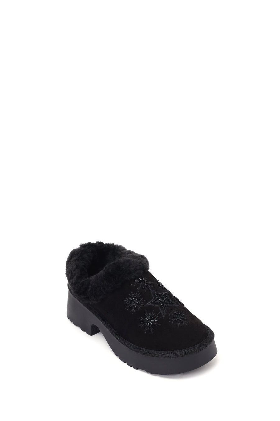 Woman Black Thick-soled Embellished Suede Leather Teddy Slipper