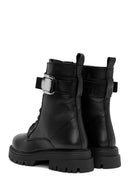 Women's Black Lace-Up Zipper Detailed Leather Combat Boots | Derimod