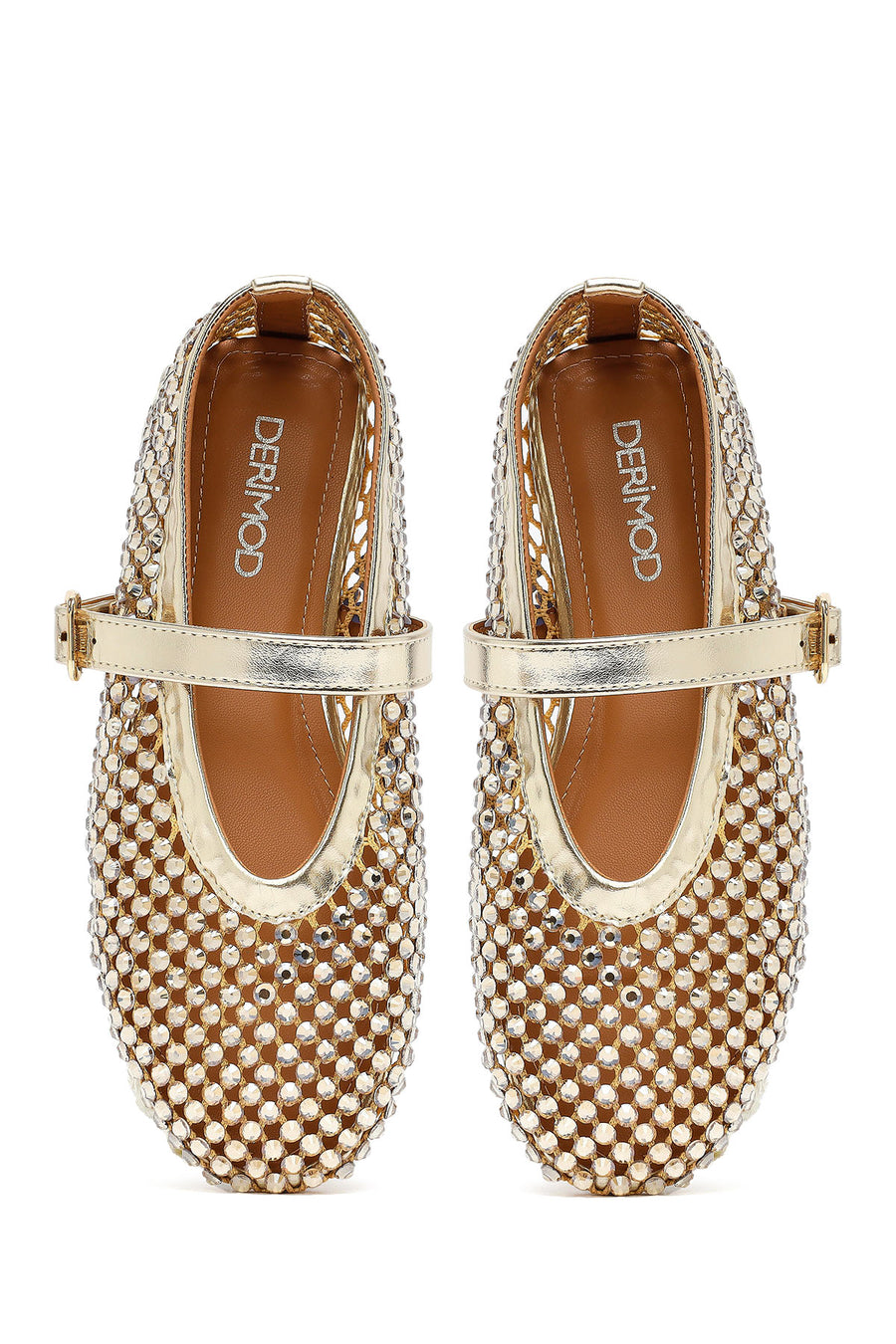 Women's Gold Mesh Stone-Studded Ballet Flats