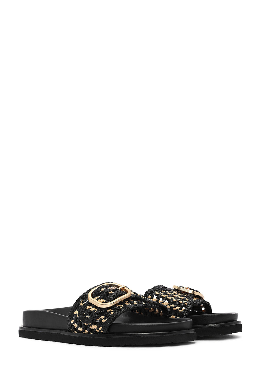 Women's Black Buckled Straw Leather Slippers