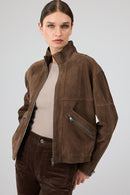 Gina Women's Brown Stand Collar Oversize Short Suede Leather Jacket | Derimod