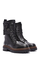 Women's Black Zippered Lace-Up Leather Combat Boots | Derimod