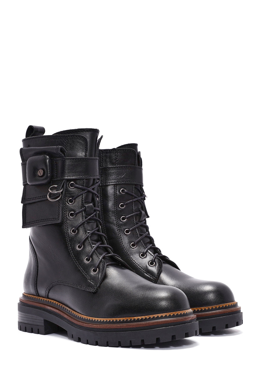 Women's Black Zippered Lace-Up Leather Combat Boots