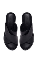 Women's Black Thick Soled Leather Comfort Slippers | Derimod