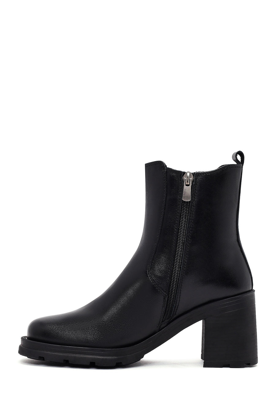 Woman Black Zip Closure Thick-Heeled Leather Boots