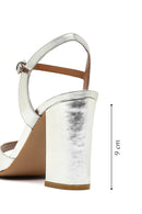 Women's Silver Ankle Buckle Chunky Heel Metallic Leather Sandals | Derimod