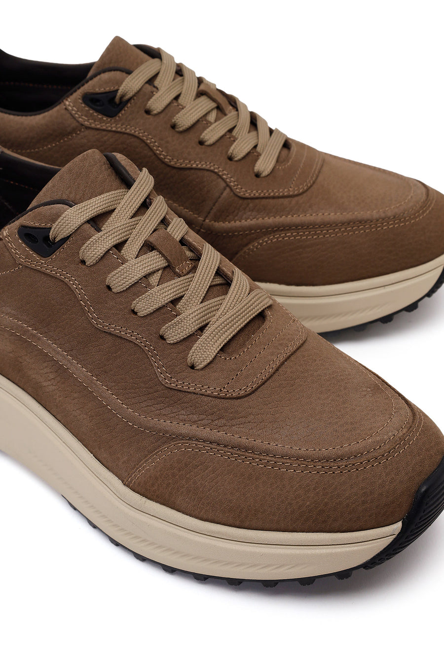 Erkek Vizon Bağcıklı Kalın Tabanlı Nubuk Deri Sneaker