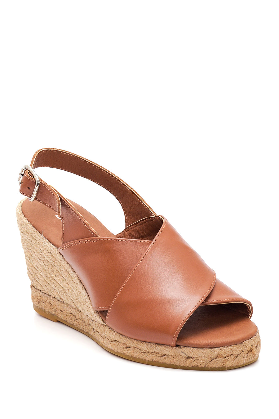 Women's Tan Leather Wedge Heel Espadrille