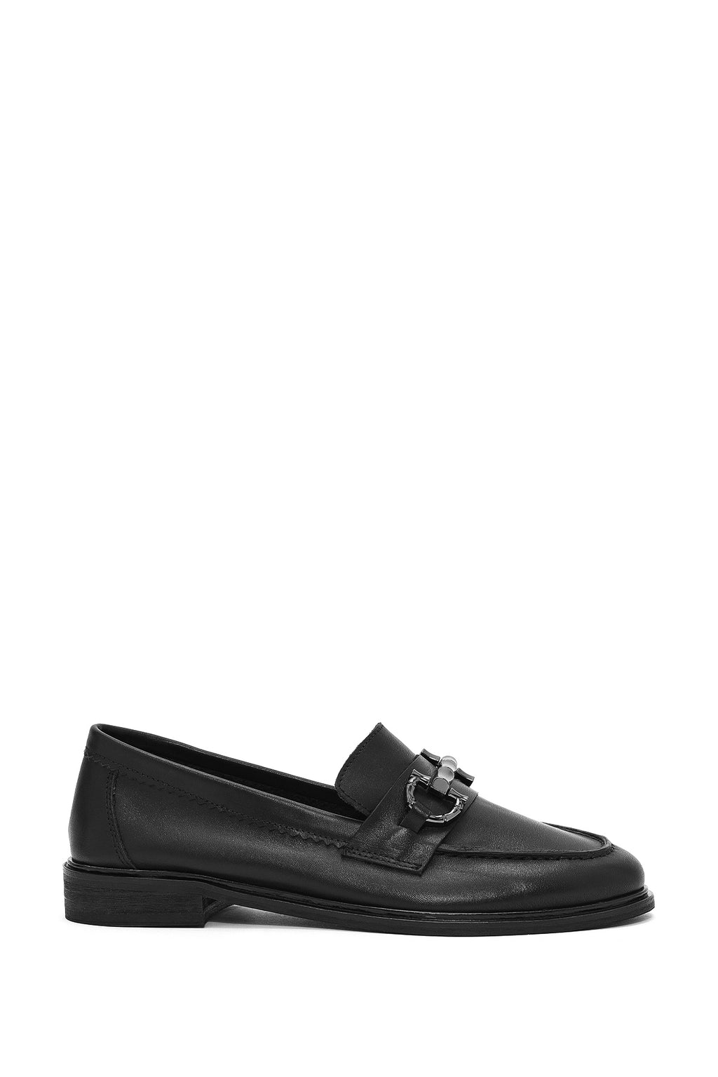 Kadın Siyah Tokalı Deri Maskülen Loafer