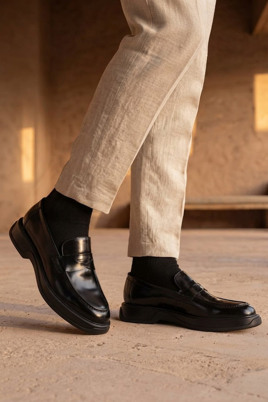 Erkek Siyah Kalın Tabanlı Deri Casual Loafer