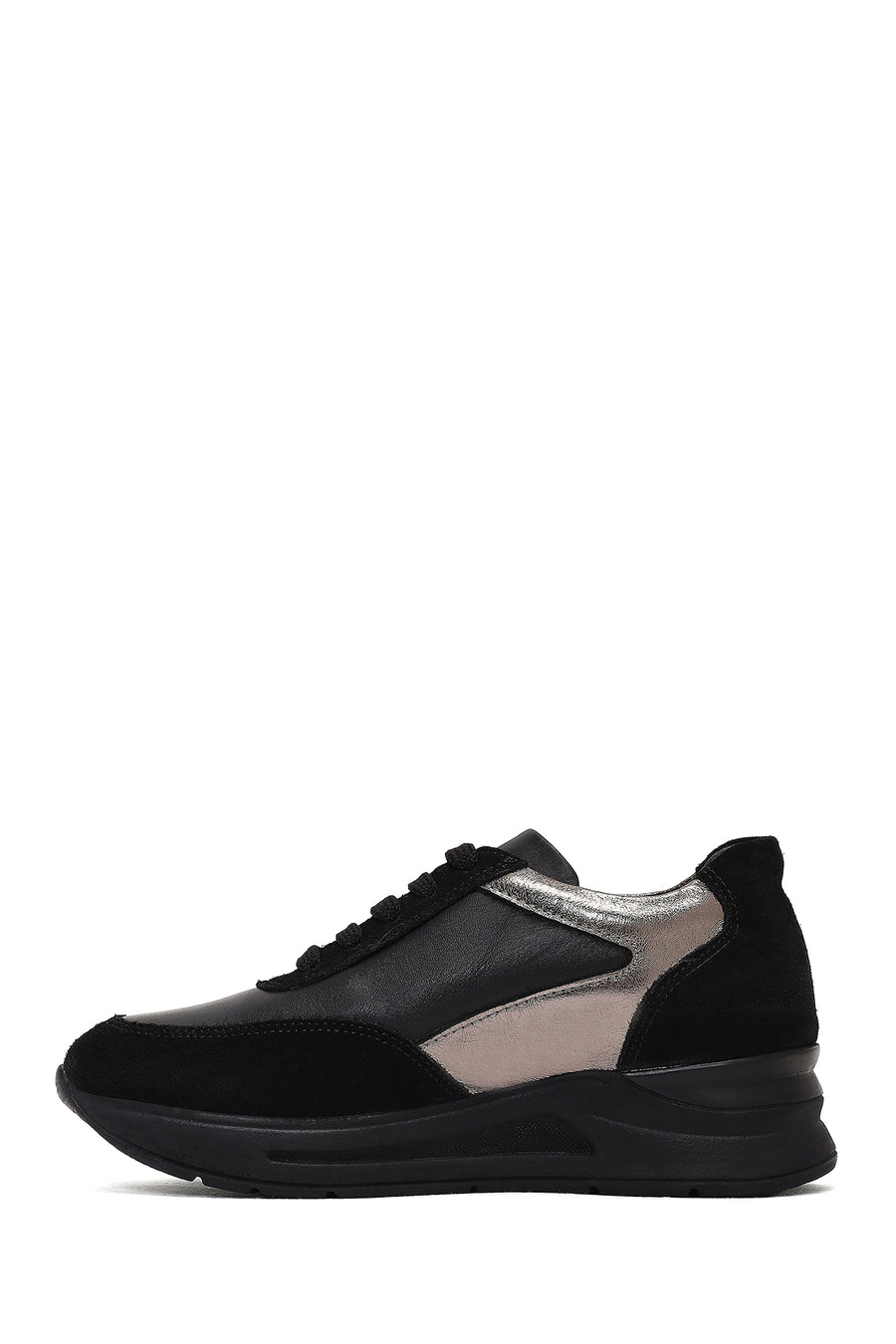 Woman Black Lace-up Wedge Heel Leather Sneaker