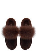 Woman Brown Thick-Soled Plush Suede Teddy Slipper | Derimod