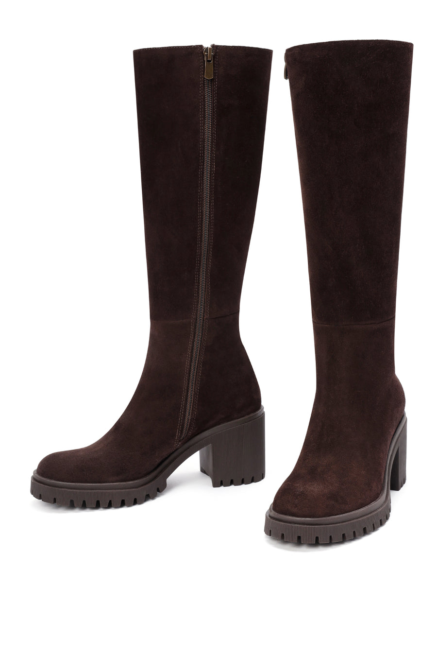 Woman Brown Zip Closure Chunky-Heel Suede Boots